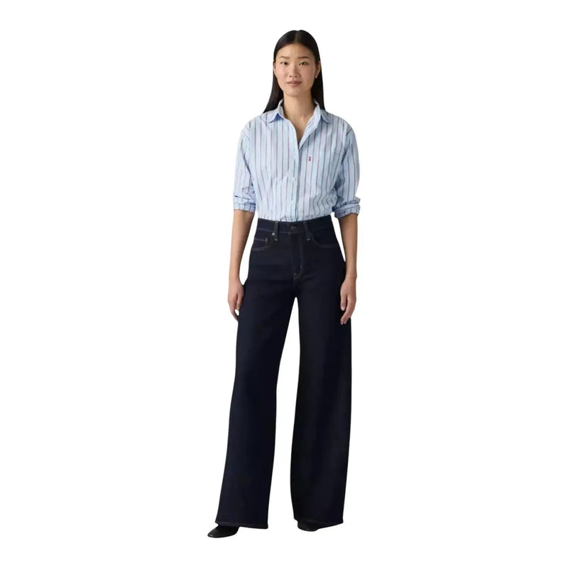 Schwarze Levi's Damen-Jeans aus Baumwollmischung mit dunkelblauem, weitem Bein, hohem Bund und klassischem Five-Pocket-Design