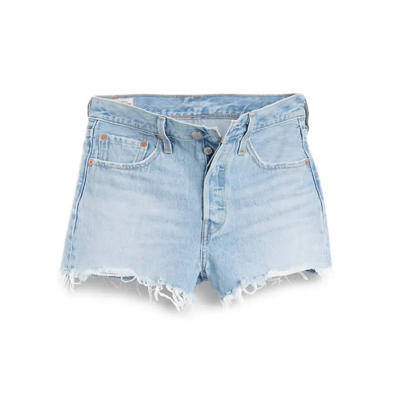 Levis Women Light Blue Cotton Shorts with light wash denim, cutoff style, button fly, distressed hem