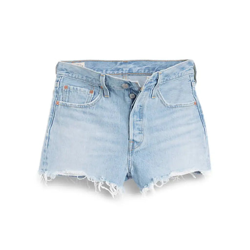 Levis Women Light Blue Cotton Shorts with light wash denim, cutoff style, button fly, distressed hem