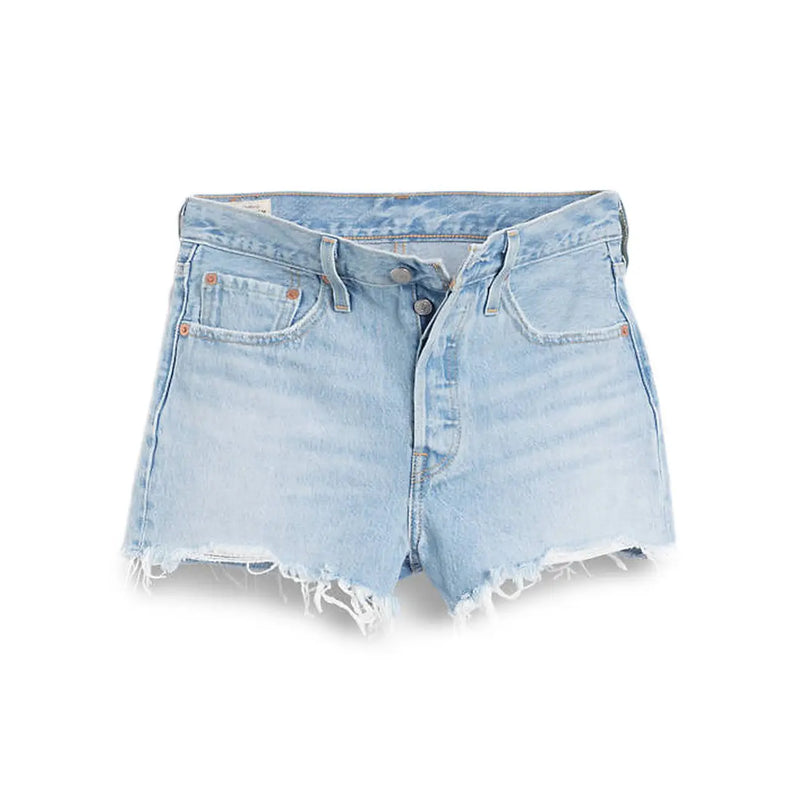 Levis women light blue cotton shorts with light-wash denim, frayed hem, and classic five-pocket design