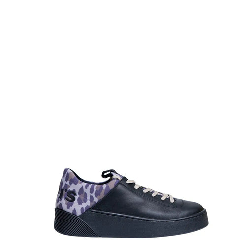 Levi’s women’s black leather sneakers shown from back with purple and gray leopard print accent on heel tab