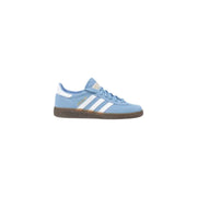 Light blue Adidas women slip-on sneakers with white stripes and brown sole