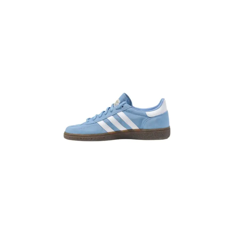 Light blue adidas women spring summer slip on sneaker with suede leather, white stripes, and brown rubber sole