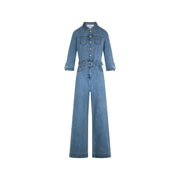 Light blue medium-wash denim jumpsuit with button-up collar three quarter sleeves wide-leg pants and pockets