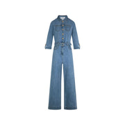 Light blue medium-wash denim jumpsuit with button-up collar three quarter sleeves wide-leg pants and pockets