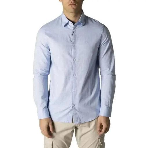 Light blue long-sleeve button-up dress shirt by Armani Exchange for men
