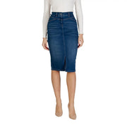 Light blue cotton blend mid-thigh denim pencil skirt with pockets, slit