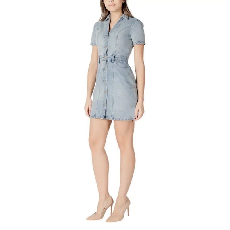 Light blue cotton denim shirt dress with short sleeves front button closure V neck and pockets