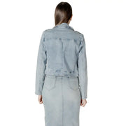 Light blue cotton denim moto jacket with cropped fit side zip pockets and classic stitching details