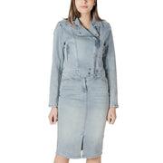 Light-wash denim moto jacket with zipper front button closures light blue cotton jacket with side zip and pockets