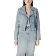 Light blue cotton jacket with light-wash denim moto style cropped fitted silhouette and silver-toned hardware