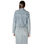 Light blue cotton denim moto jacket with cropped fit side zip pockets and classic stitching details