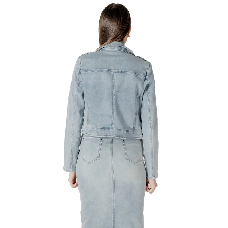 Light blue cotton denim moto jacket with cropped fit side zip pockets and classic stitching details