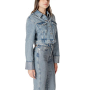Light blue denim cropped jacket featuring light-wash fabric, subtle distressing, and metallic-threaded cuffs