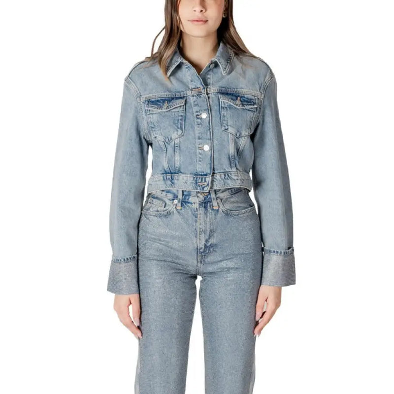 Light blue denim jacket and jeans outfit displayed in the product listing