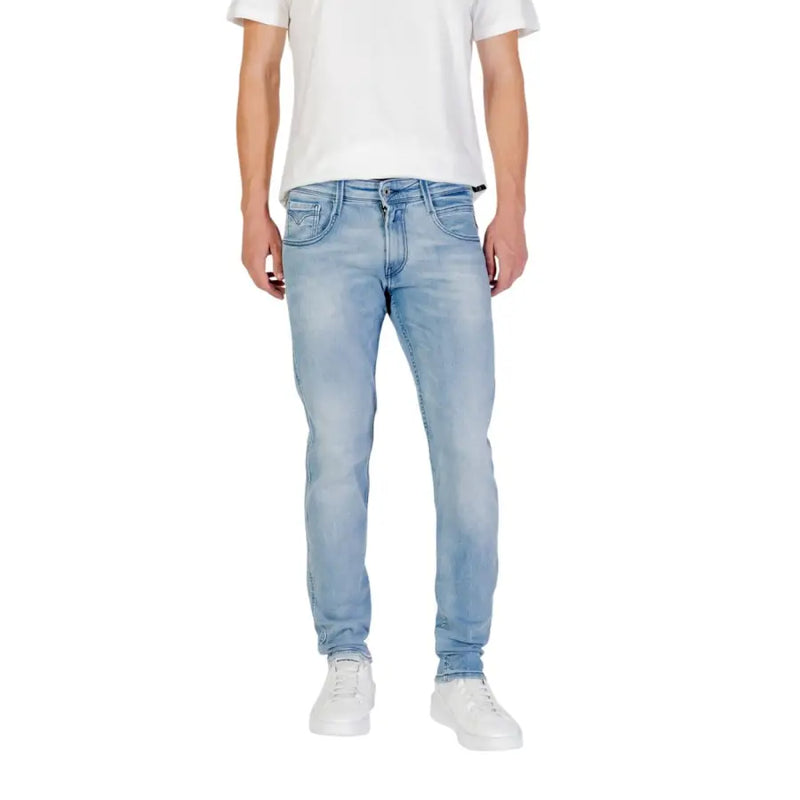 Light blue denim jeans displayed in the product named Light Blue Denim Jeans