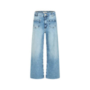 Jean femme bleu clair délavé à jambes larges, cinq poches, vue arrière