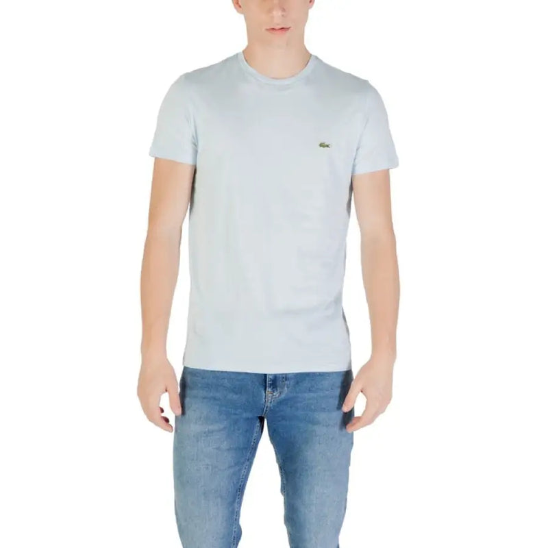 Light blue Lacoste men’s short round neck T-shirt displayed in a product listing