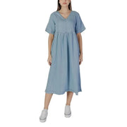 Light blue midi dress by B.young featuring a V-neck and 100% cotton fabric