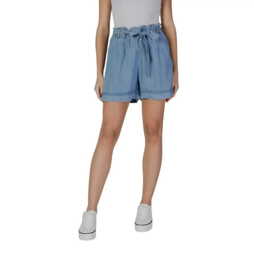 Light blue paper bag waist shorts displayed on a model in the Womens Blue Paper Bag Waist Shorts product image