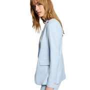 Blazer femme bleu clair à fines rayures, col à revers boutonné, coupe moderne