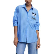 Light blue pinstriped button-up shirt with Mickey Mouse graphic from Desigual Women collection