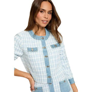 Light blue polyester blazer with round neck, silver buttons, and denim accent details in tweed fabric