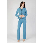 Light blue professional pantsuit featuring a fitted blazer and flared trousers