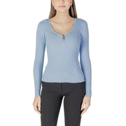 Light blue ribbed knit top featured in Morgan De Toi Women’s White Knit Sweater