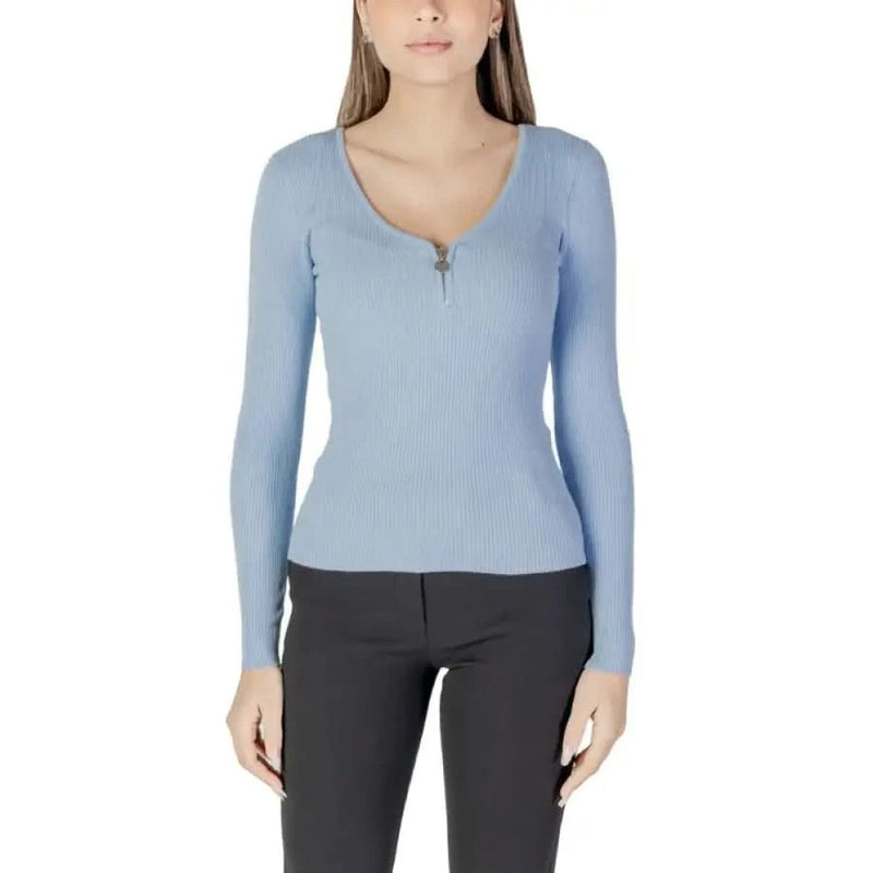 Light blue ribbed knit top featured in Morgan De Toi Women’s White Knit Sweater