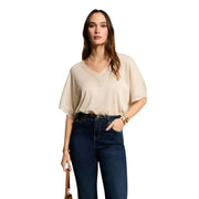 Pull en maille bleu clair à manches courtes et col en V pour femme top avec bordure en dentelle