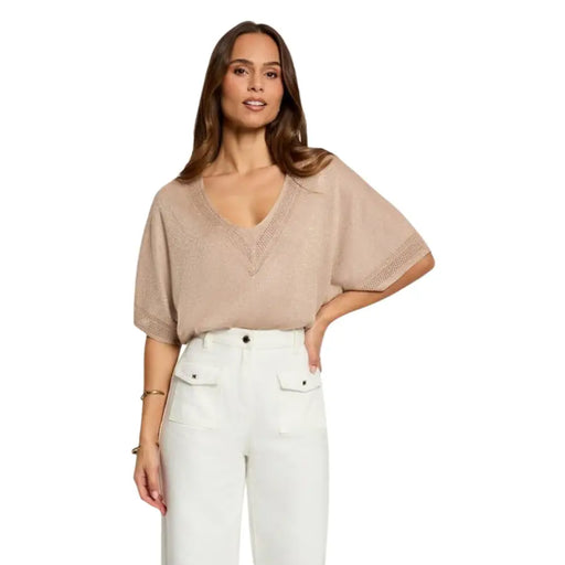 Beige-hellblauer V-Ausschnitt-Strickpullover top mit Spitzenbesatz an Ausschnitt und Ärmeln