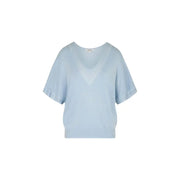 Light blue short sleeve v neck knit top for women with soft fabric, relaxed fit, and slightly flared sleeves