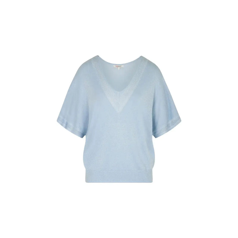 Light blue short sleeve v neck knit top for women with soft fabric, relaxed fit, and slightly flared sleeves