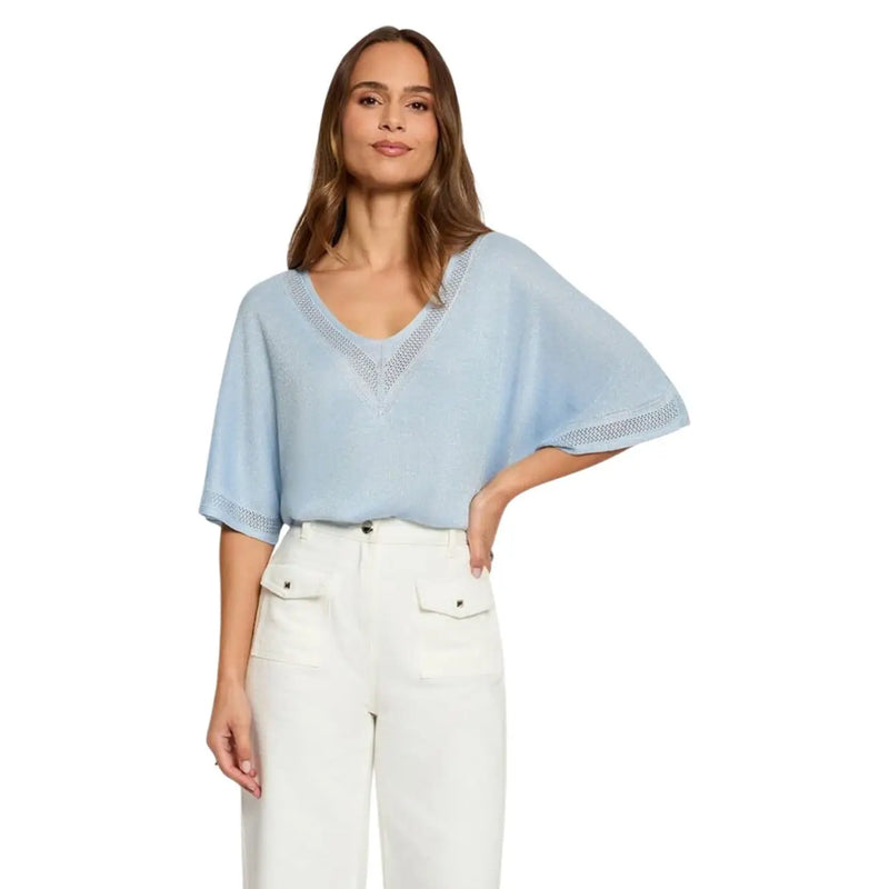 Light blue womens short sleeve v-neck open-knit top with flutter sleeves