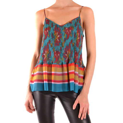 Light blue sleeveless polyester tank top for women with vibrant turquoise and red floral pleated camisole and striped ruffle hem