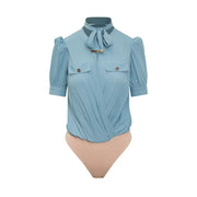 Hellblaue, kurzärmelige Viskosebluse von Elisabetta Franchi mit Puffärmeln und Schleife