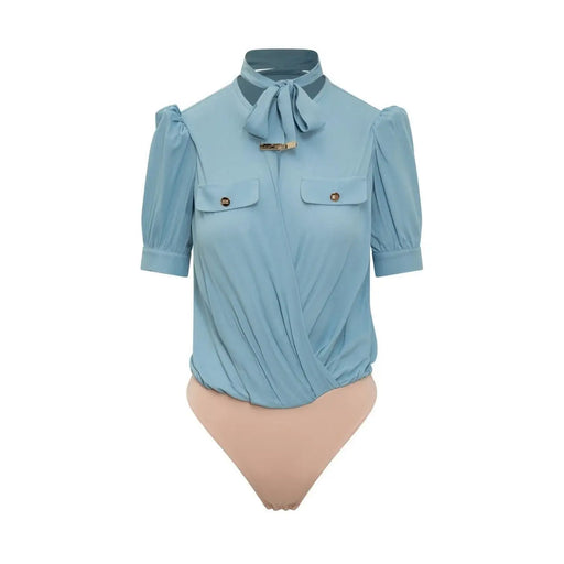 Light blue viscose short sleeve blouse by Elisabetta Franchi with puffed sleeves and bow