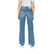 Light blue women’s fall winter wide-leg jeans with frayed hem displayed in product image