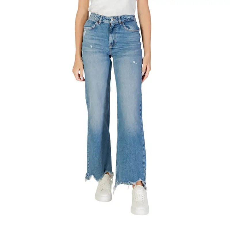 Light Blue Women’s Fall Winter Jeans featuring distressed wide-leg design with raw hem
