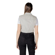 A light gray denim vest with a collar and buttoned waistband made from durable denim material