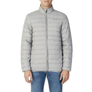 Light gray quilted puffer jacket featuring full-length zipper and front pockets