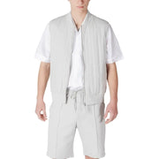 Light gray bomber-style vest for men with front zipper and ribbed cuffs in a soft lightweight fabric