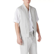 Light gray quilted bomber jacket for men with zipper front and ribbed cuffs made from lightweight material