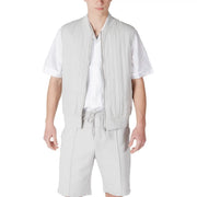 Light gray bomber-style vest for men with front zipper and ribbed cuffs in a soft lightweight fabric