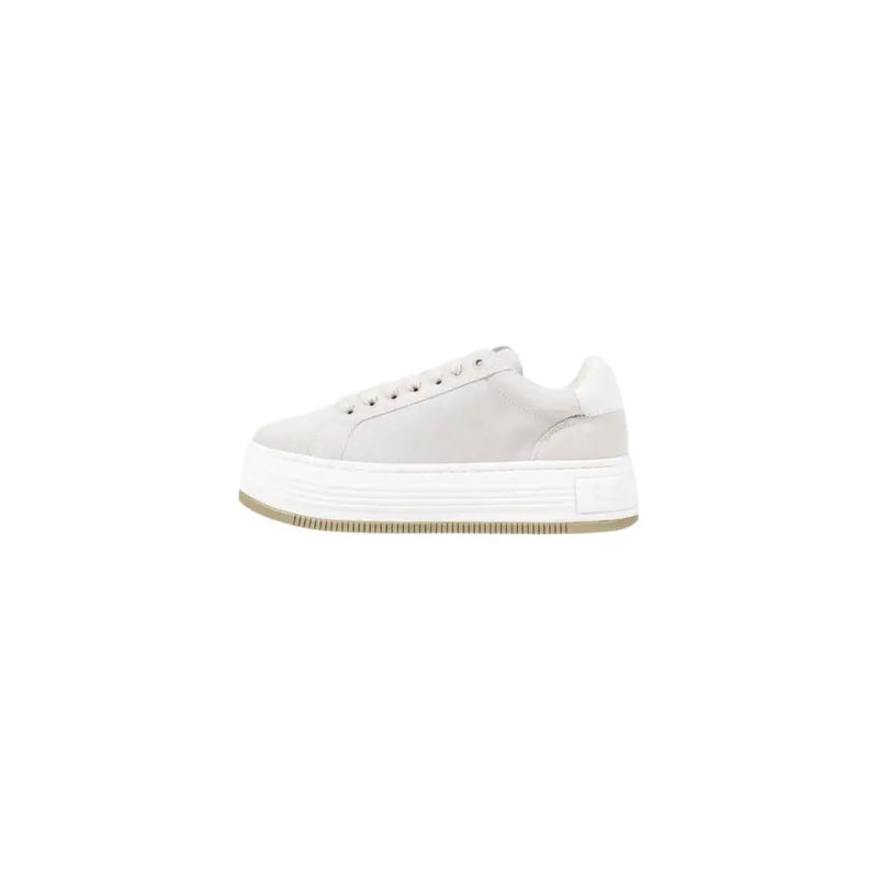 Light grey suede platform sneakers with white laces and light brown sole for Women by Calvin Klein Jeans