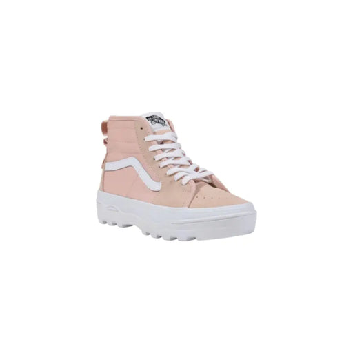 Light pink high-top Vans sneakers with white laces and thick white lug soles for women