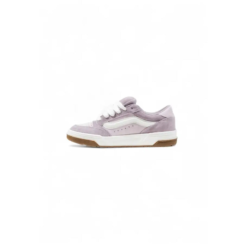 Light purple suede and white leather Vans slip-on sneakers with white laces and gum sole
