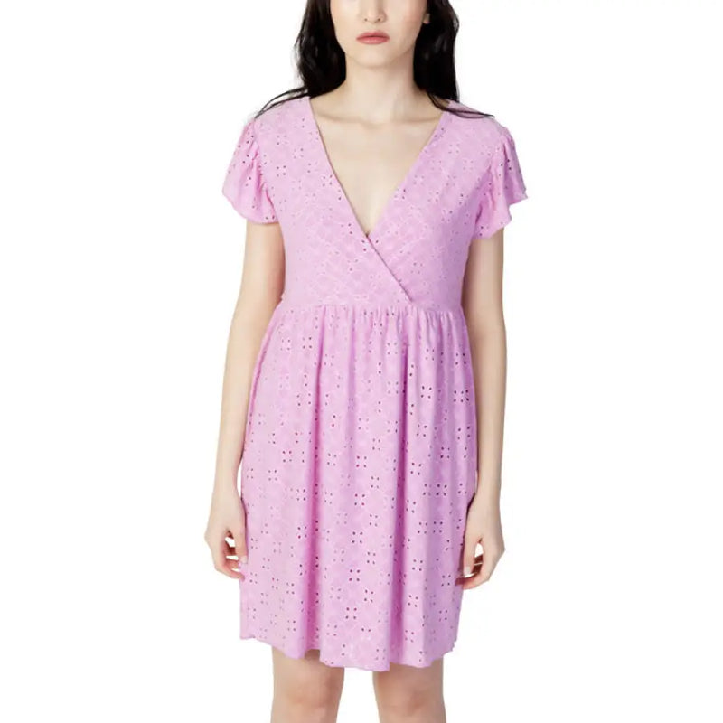 Lilac eyelet wrap dress displayed in Jacqueline De Yong Pink V-Neck Short Dress product image