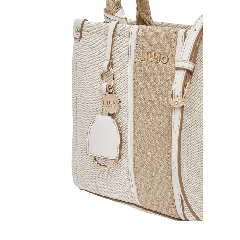 Liu Jo beige cotton canvas tote bag with cream texture gold-tone hardware and branded leather tag with shoulder strap